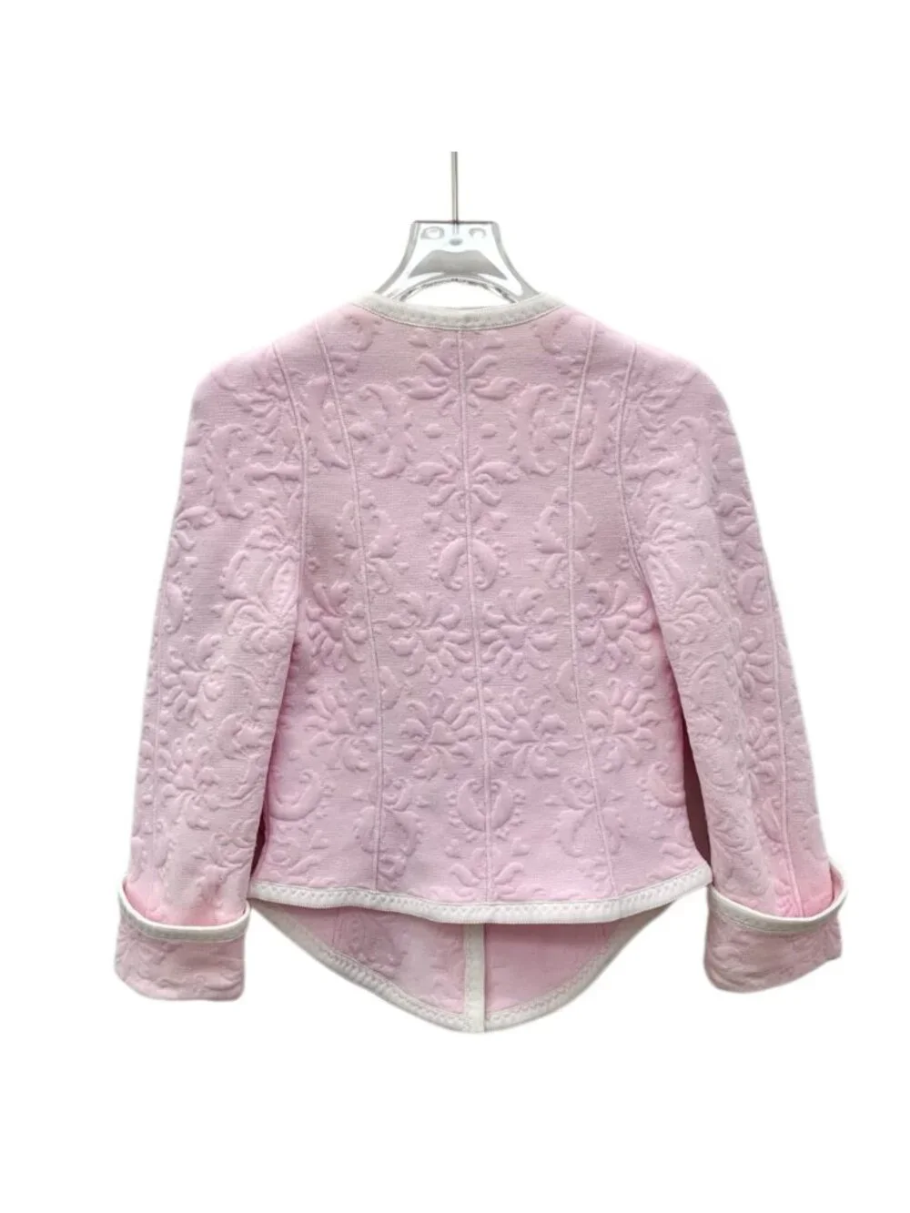 Chanel Pink Floral Embossed Crew Neck Jacket